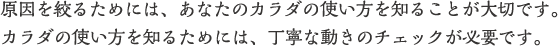 <h2>原因を絞るためには、あなたのカラダの使い方を知ることが大切です。カラダの使い方を知るためには、丁寧な動きのチェックが必要です。</h2>　